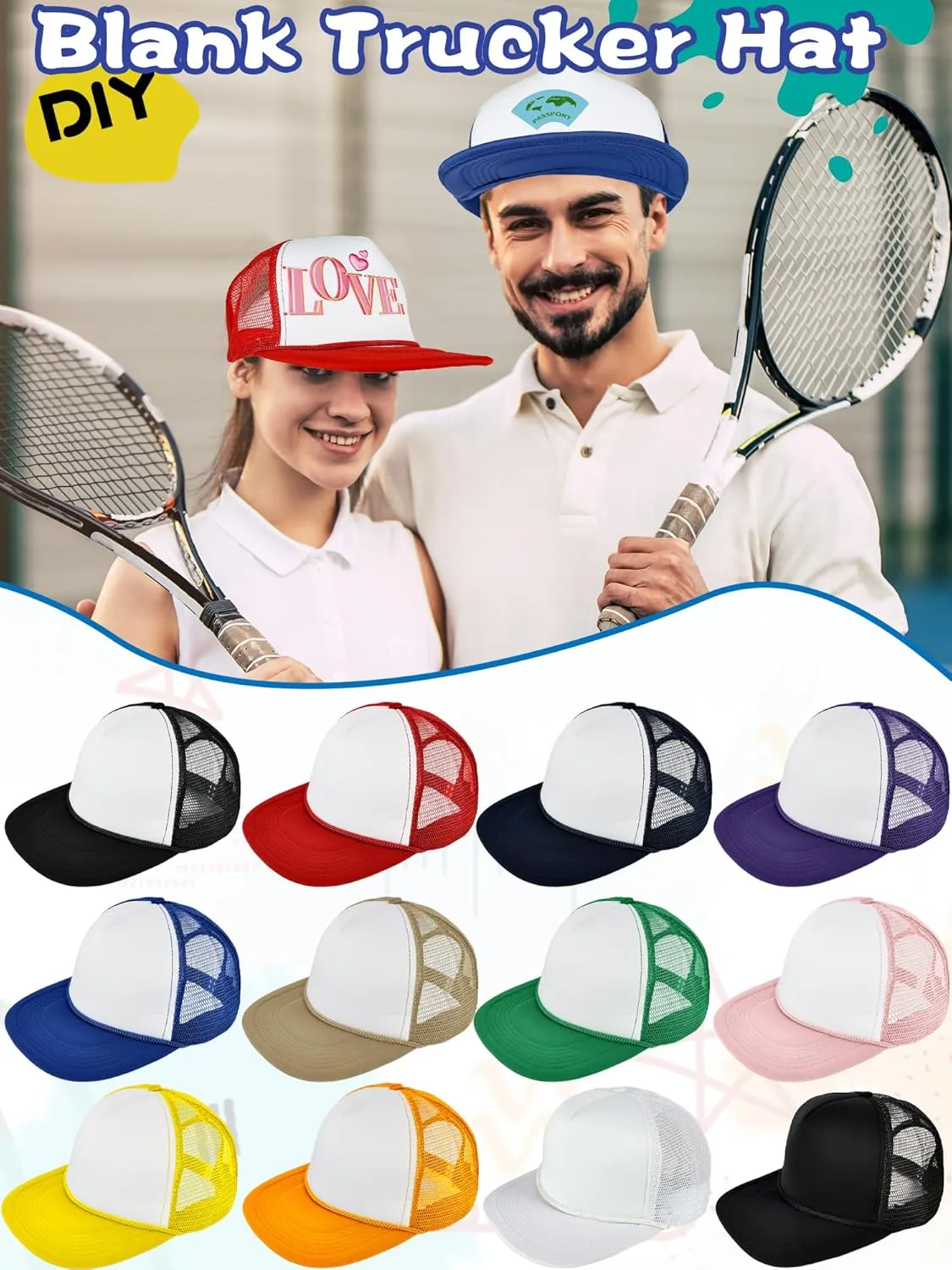 12 Pack DIY Snapback Blank Trucker Cap Mesh Sublimation Hat with Rope Adjustable Summer Flat Brim Baseball Cap for Adult
