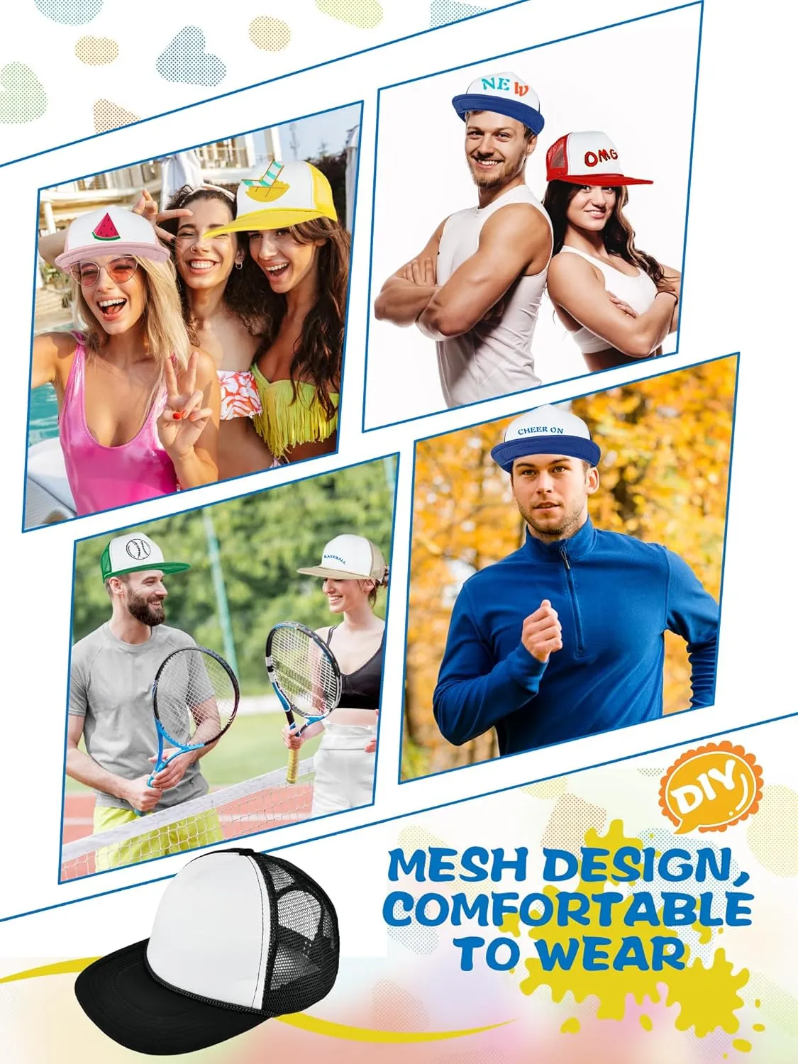 12 Pack DIY Snapback Blank Trucker Cap Mesh Sublimation Hat with Rope Adjustable Summer Flat Brim Baseball Cap for Adult