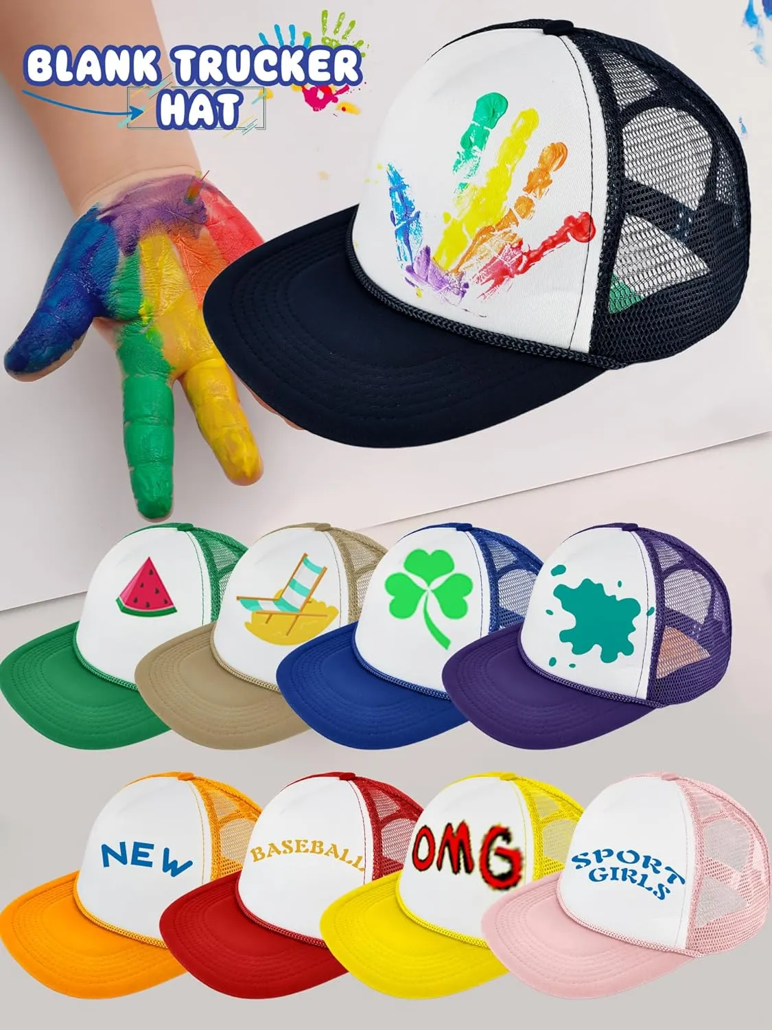 12 Pack DIY Snapback Blank Trucker Cap Mesh Sublimation Hat with Rope Adjustable Summer Flat Brim Baseball Cap for Adult