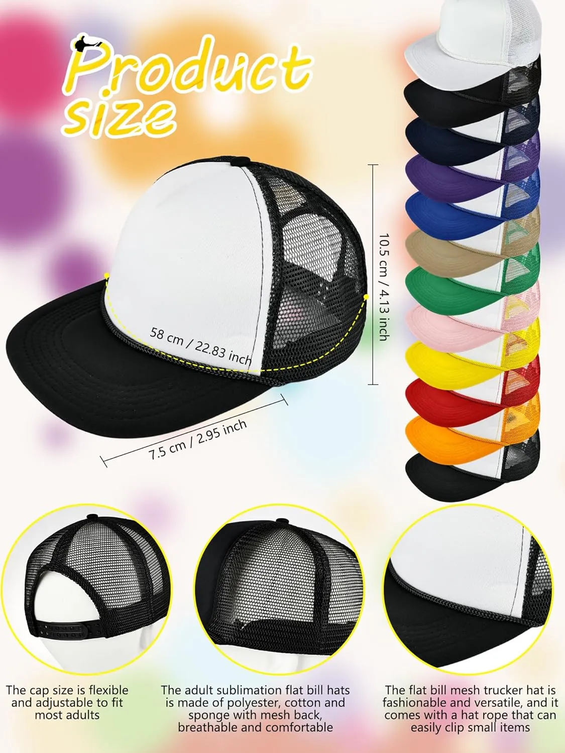 12 Pack DIY Snapback Blank Trucker Cap Mesh Sublimation Hat with Rope Adjustable Summer Flat Brim Baseball Cap for Adult