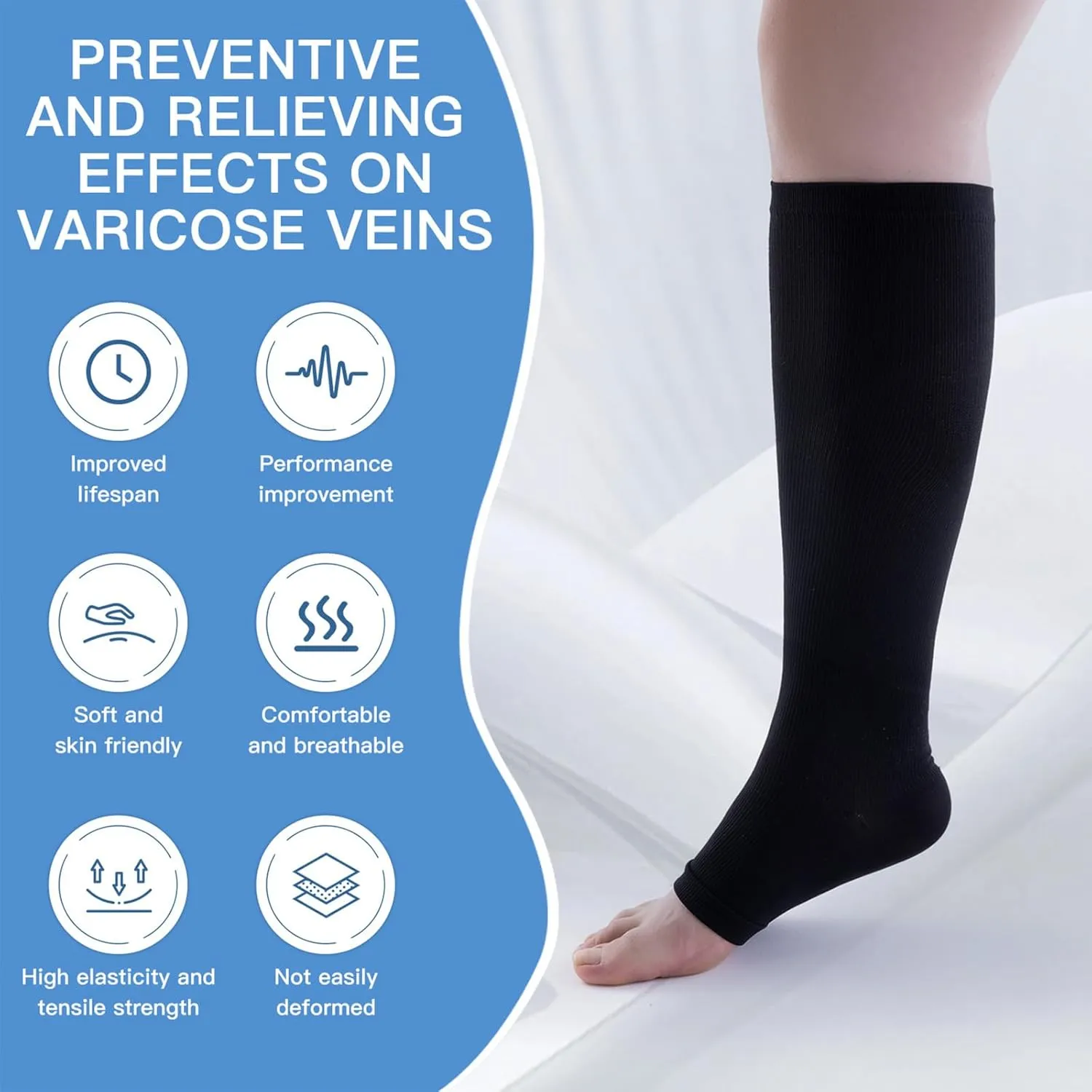 3 Pairs Open Toe Compression Socks for Men & Women - 15-20 mmhg Knee High Stockings for Circulation Support