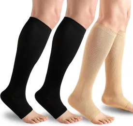3 Pairs Open Toe Compression Socks for Men & Women - 15-20 mmhg Knee High Stockings for Circulation Support