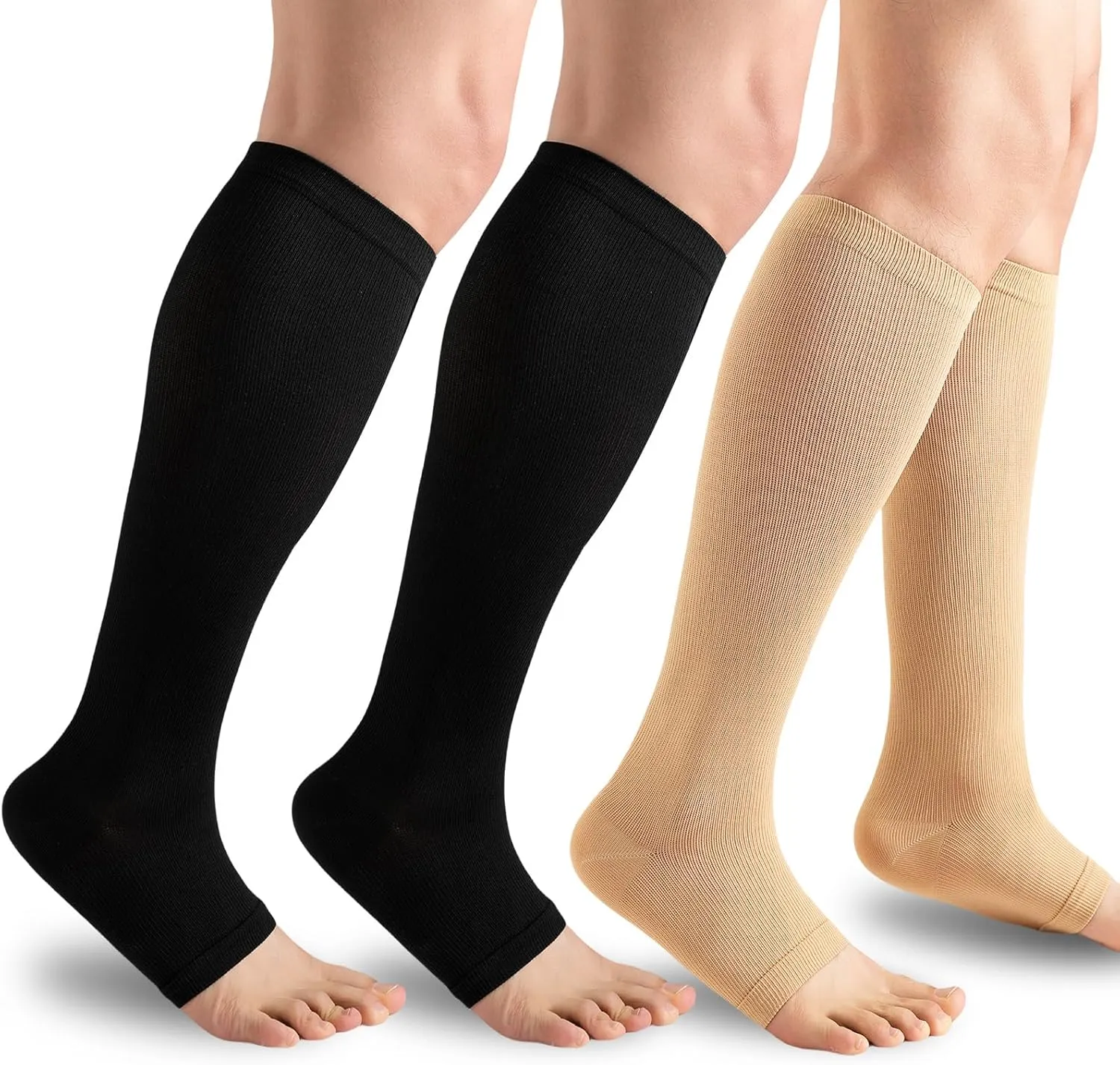 3 Pairs Open Toe Compression Socks for Men & Women - 15-20 mmhg Knee High Stockings for Circulation Support