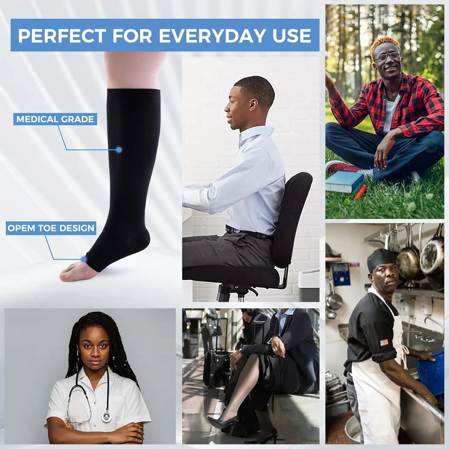 3 Pairs Open Toe Compression Socks for Men & Women - 15-20 mmhg Knee High Stockings for Circulation Support