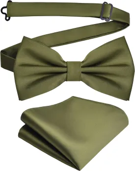 Branduce Mens Solid Color Double Fold Pre-tied Bow Tie and Pocket Square Set