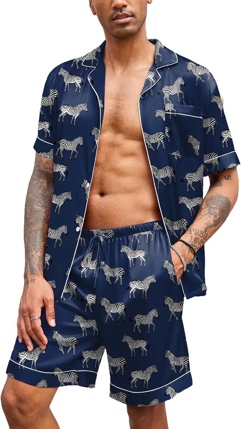 Ekouaer Mens Satin Pajamas Set Button-Down Short Sleeve Shirt Top Soft Silk Sleepwear Shorts with Pockets