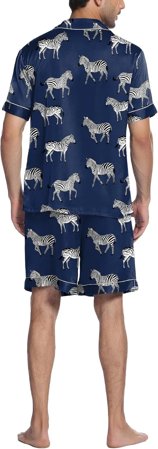 Ekouaer Mens Satin Pajamas Set Button-Down Short Sleeve Shirt Top Soft Silk Sleepwear Shorts with Pockets