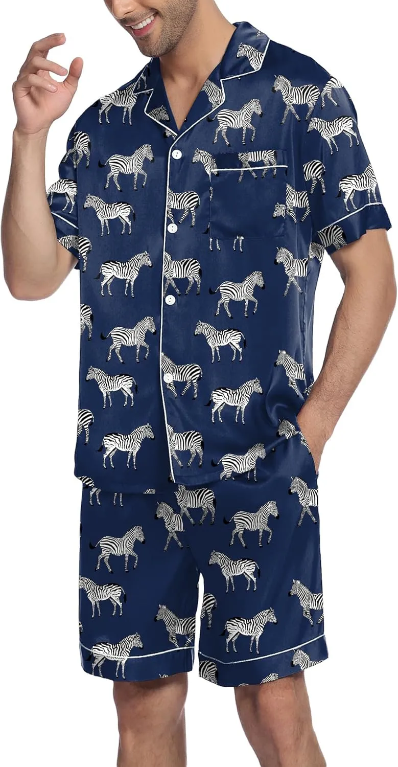 Ekouaer Mens Satin Pajamas Set Button-Down Short Sleeve Shirt Top Soft Silk Sleepwear Shorts with Pockets