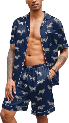 Ekouaer Mens Satin Pajamas Set Button-Down Short Sleeve Shirt Top Soft Silk Sleepwear Shorts with Pockets