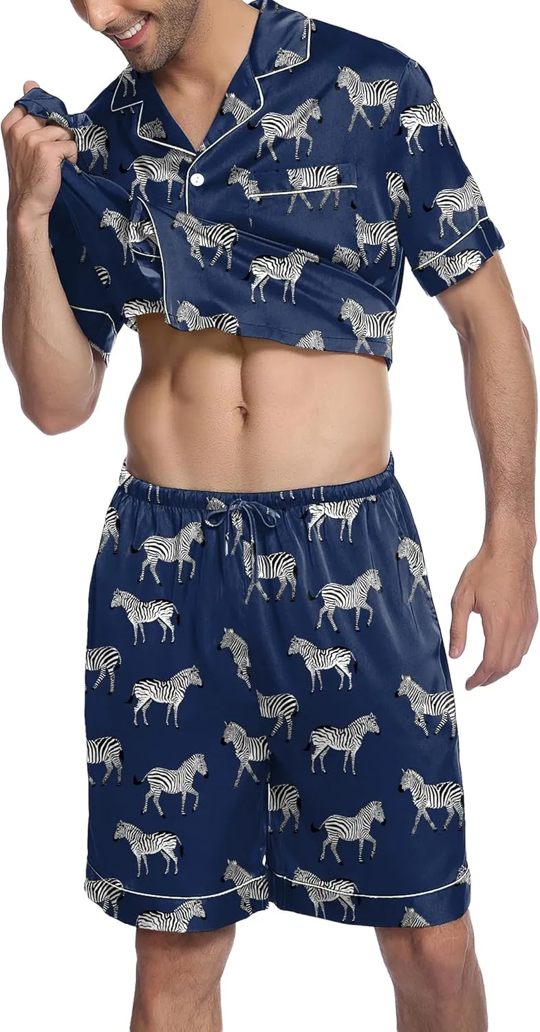 Ekouaer Mens Satin Pajamas Set Button-Down Short Sleeve Shirt Top Soft Silk Sleepwear Shorts with Pockets