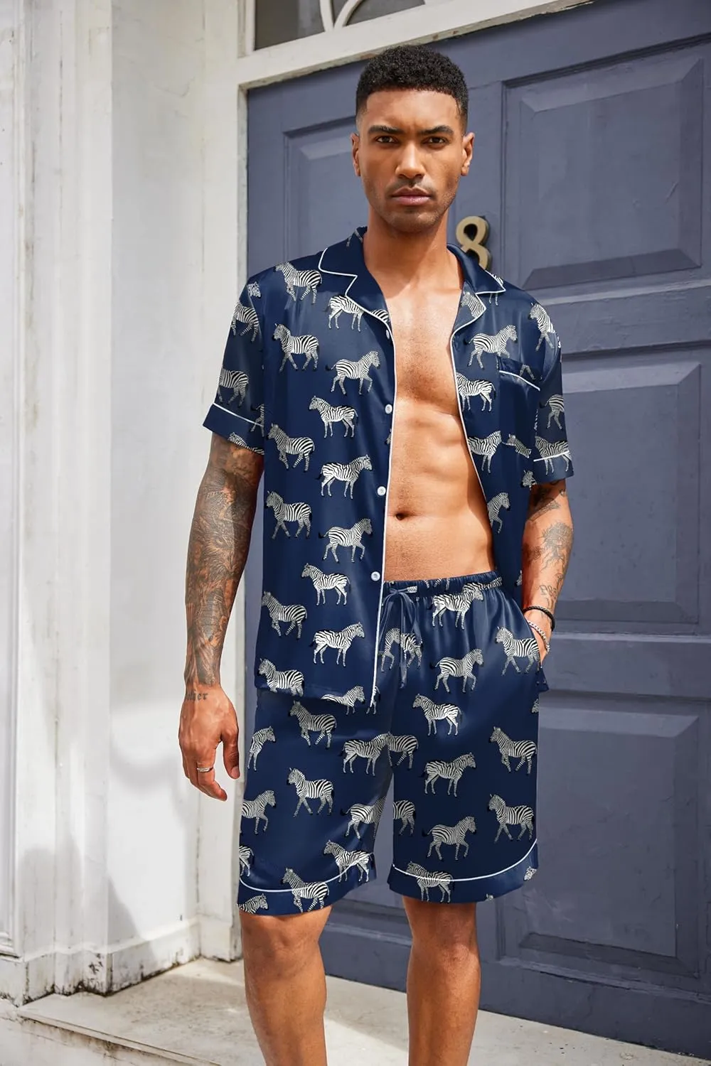 Ekouaer Mens Satin Pajamas Set Button-Down Short Sleeve Shirt Top Soft Silk Sleepwear Shorts with Pockets
