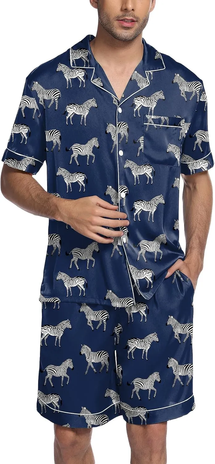 Ekouaer Mens Satin Pajamas Set Button-Down Short Sleeve Shirt Top Soft Silk Sleepwear Shorts with Pockets