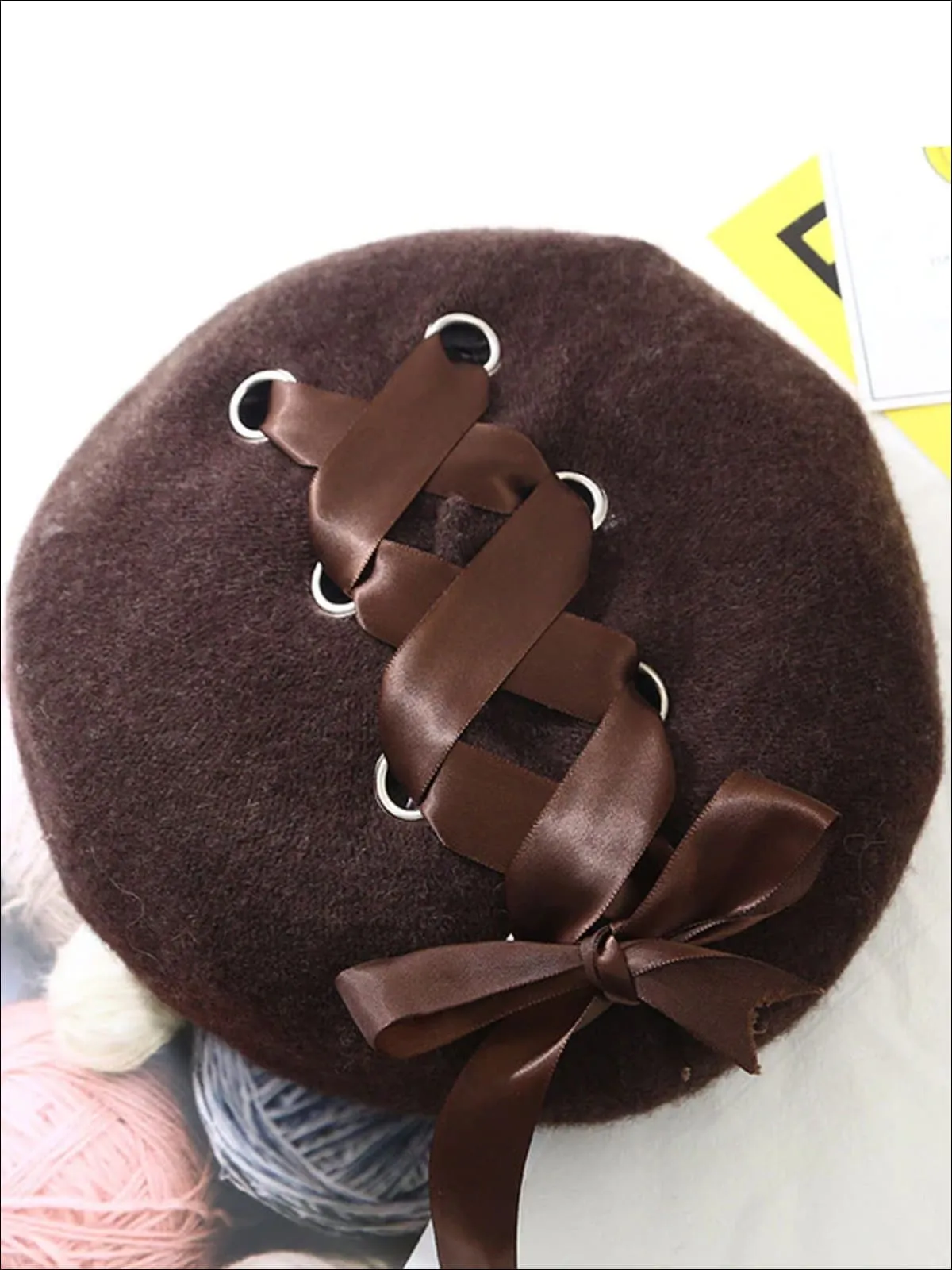 Girls  Wool Girls Satin Lace-Up Bow Beret