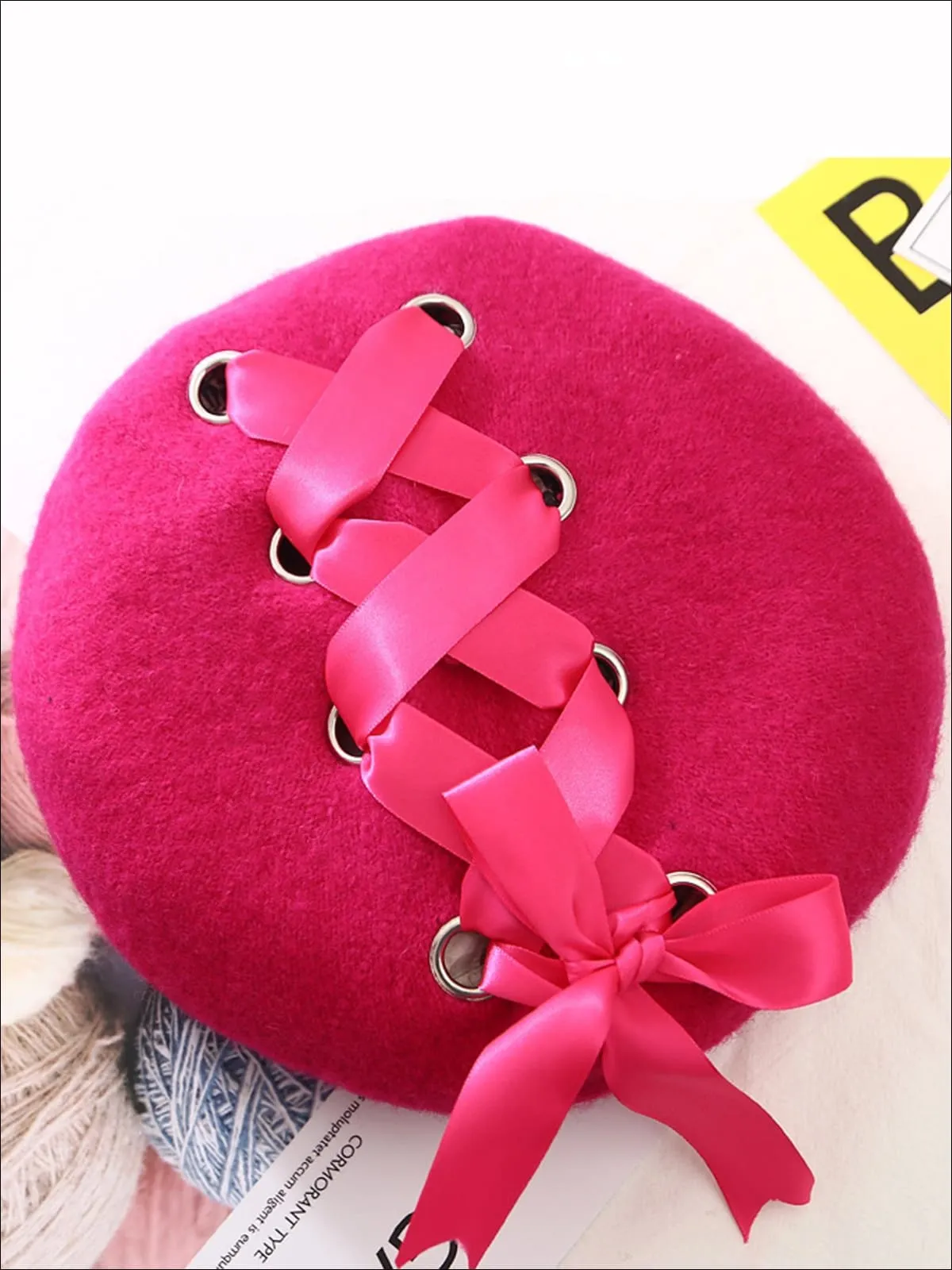 Girls  Wool Girls Satin Lace-Up Bow Beret