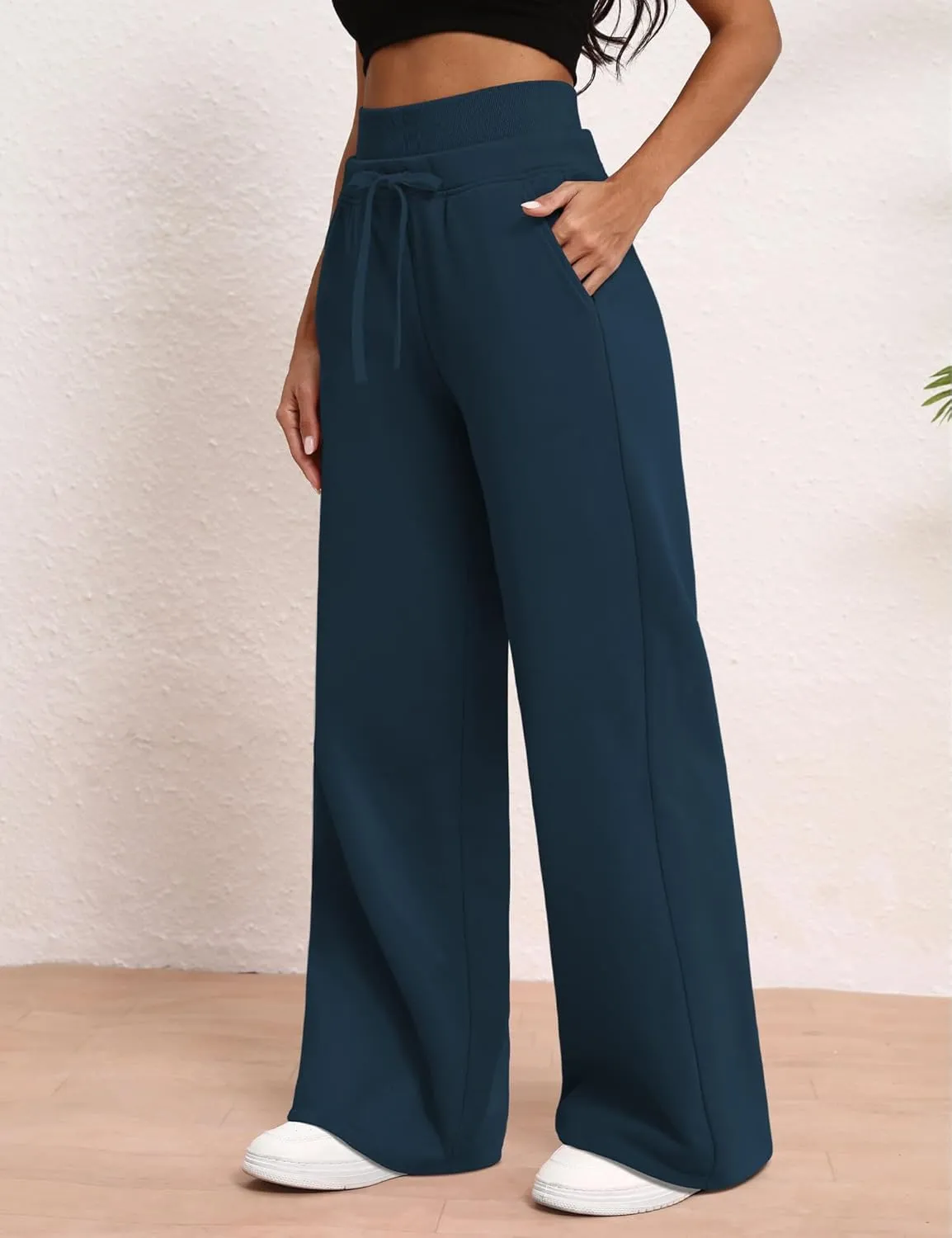 HeSaYep Women's Wide Leg Sweatpants Double Waisted Baggy Sweat Pants with Pockets