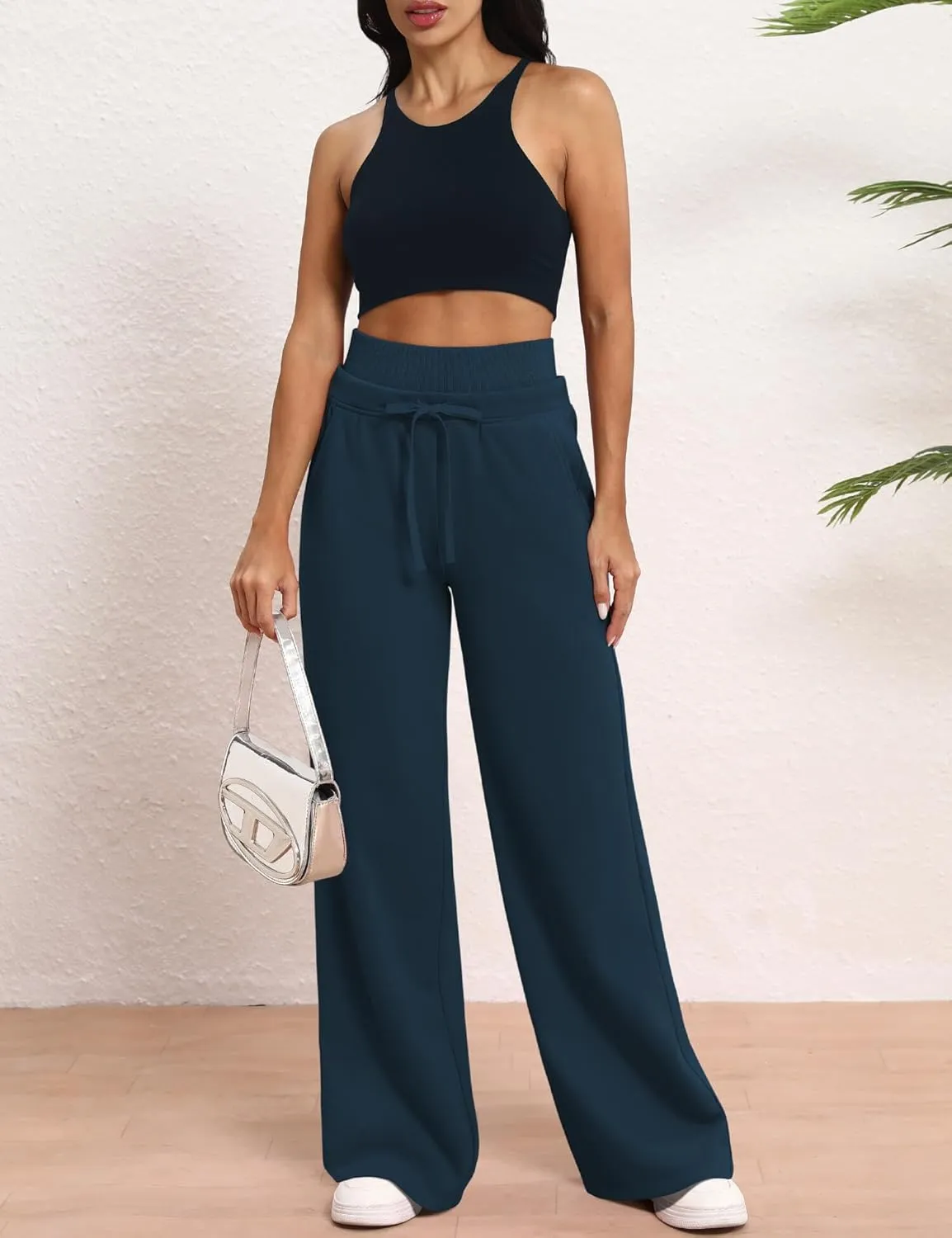 HeSaYep Women's Wide Leg Sweatpants Double Waisted Baggy Sweat Pants with Pockets