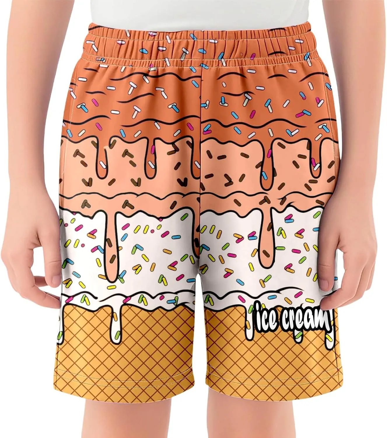 Ice Cream Shorts Boys Swim Trunks Elastic Waist with Pockets Summer Cool Cute Preppy Ice Cream Drip Baseball Shorts