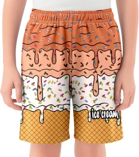 Ice Cream Shorts Boys Swim Trunks Elastic Waist with Pockets Summer Cool Cute Preppy Ice Cream Drip Baseball Shorts