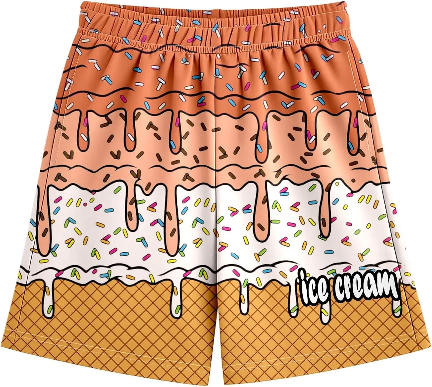 Ice Cream Shorts Boys Swim Trunks Elastic Waist with Pockets Summer Cool Cute Preppy Ice Cream Drip Baseball Shorts