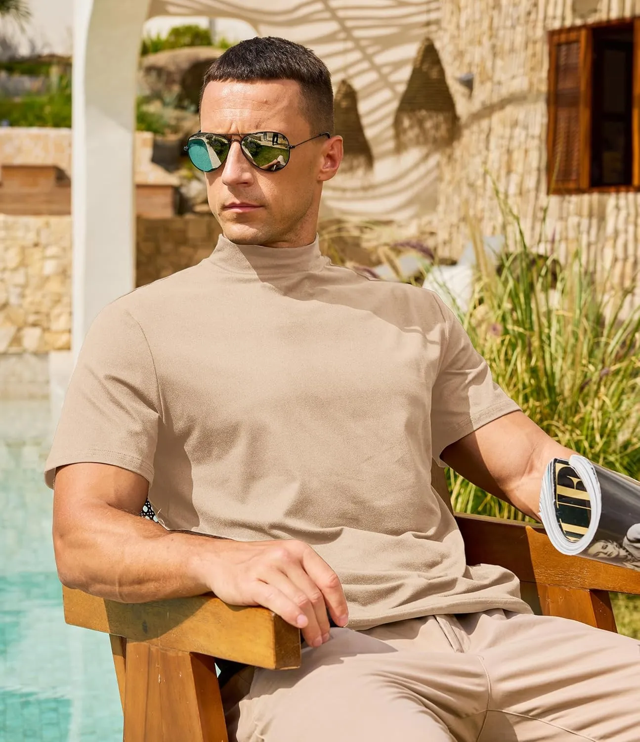 Men's Mock Turtleneck Short Sleeve Soft Lightweight Casual Basic T-Shirts Solid Pullover Tops