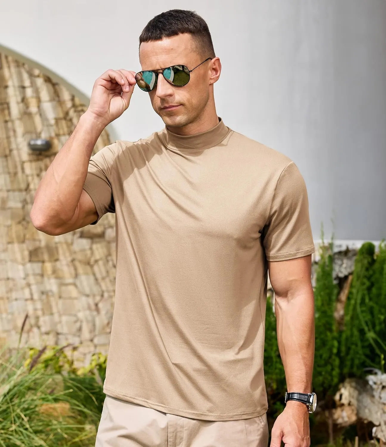 Men's Mock Turtleneck Short Sleeve Soft Lightweight Casual Basic T-Shirts Solid Pullover Tops