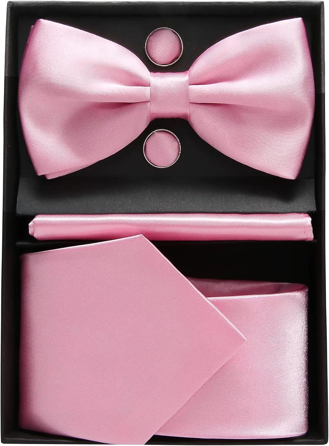 Mens Tie Set - Plain Satin Formal Necktie and Bow Tie with Pocket Square, Cufflinks in Gift Box