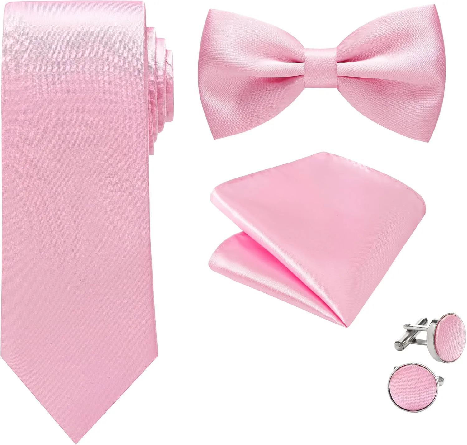 Mens Tie Set - Plain Satin Formal Necktie and Bow Tie with Pocket Square, Cufflinks in Gift Box