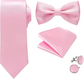Mens Tie Set - Plain Satin Formal Necktie and Bow Tie with Pocket Square, Cufflinks in Gift Box