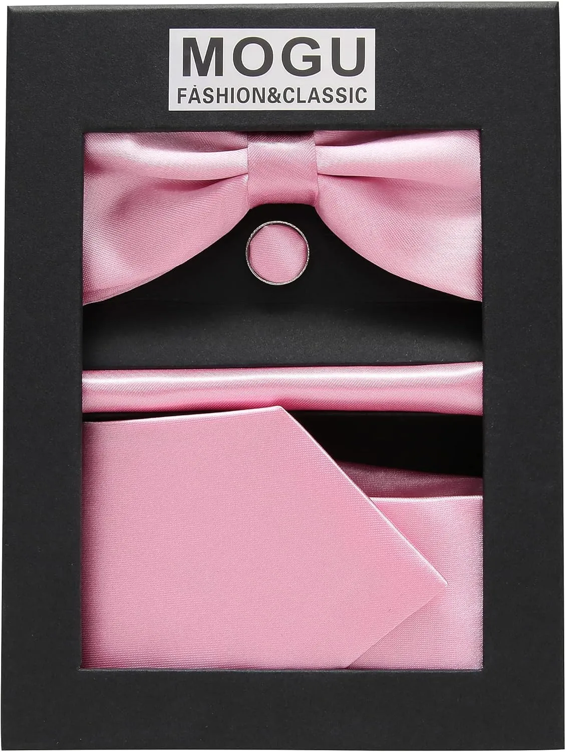 Mens Tie Set - Plain Satin Formal Necktie and Bow Tie with Pocket Square, Cufflinks in Gift Box