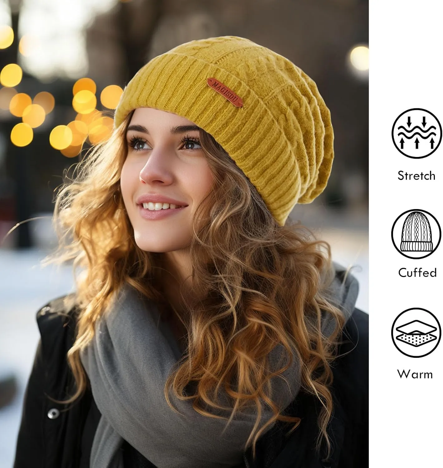Merino Wool Beanie for Women Winter Hats Slouchy Knit Wool Lined Warm Ladies Soft Long Cuffed Caps Running Ski