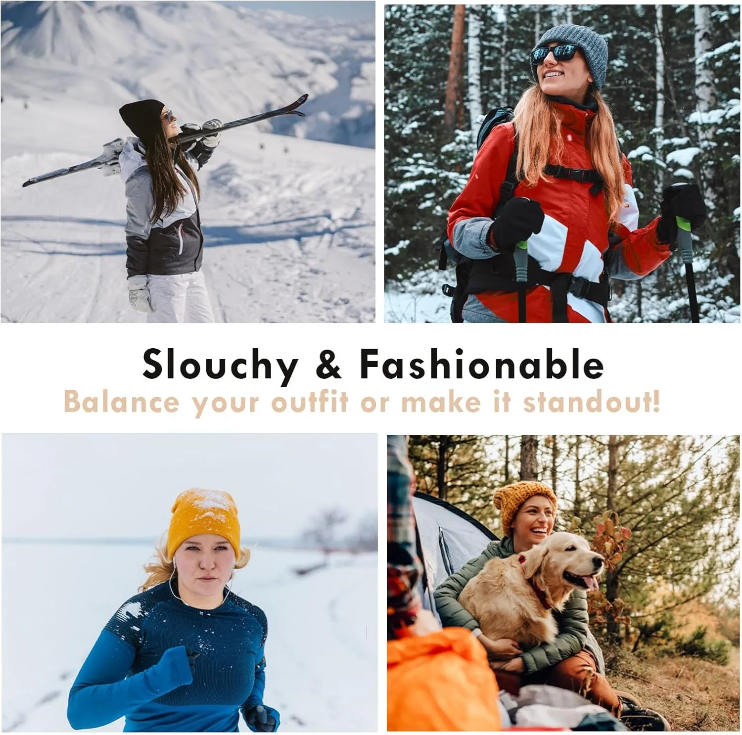 Merino Wool Beanie for Women Winter Hats Slouchy Knit Wool Lined Warm Ladies Soft Long Cuffed Caps Running Ski