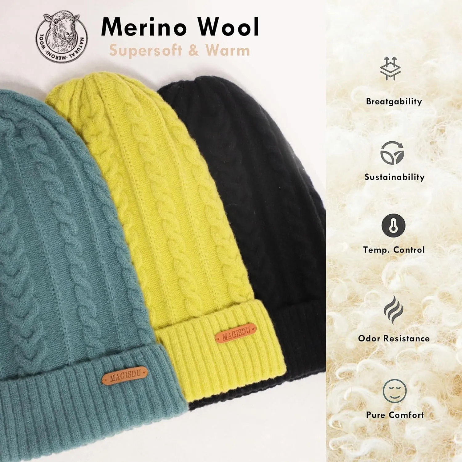 Merino Wool Beanie for Women Winter Hats Slouchy Knit Wool Lined Warm Ladies Soft Long Cuffed Caps Running Ski