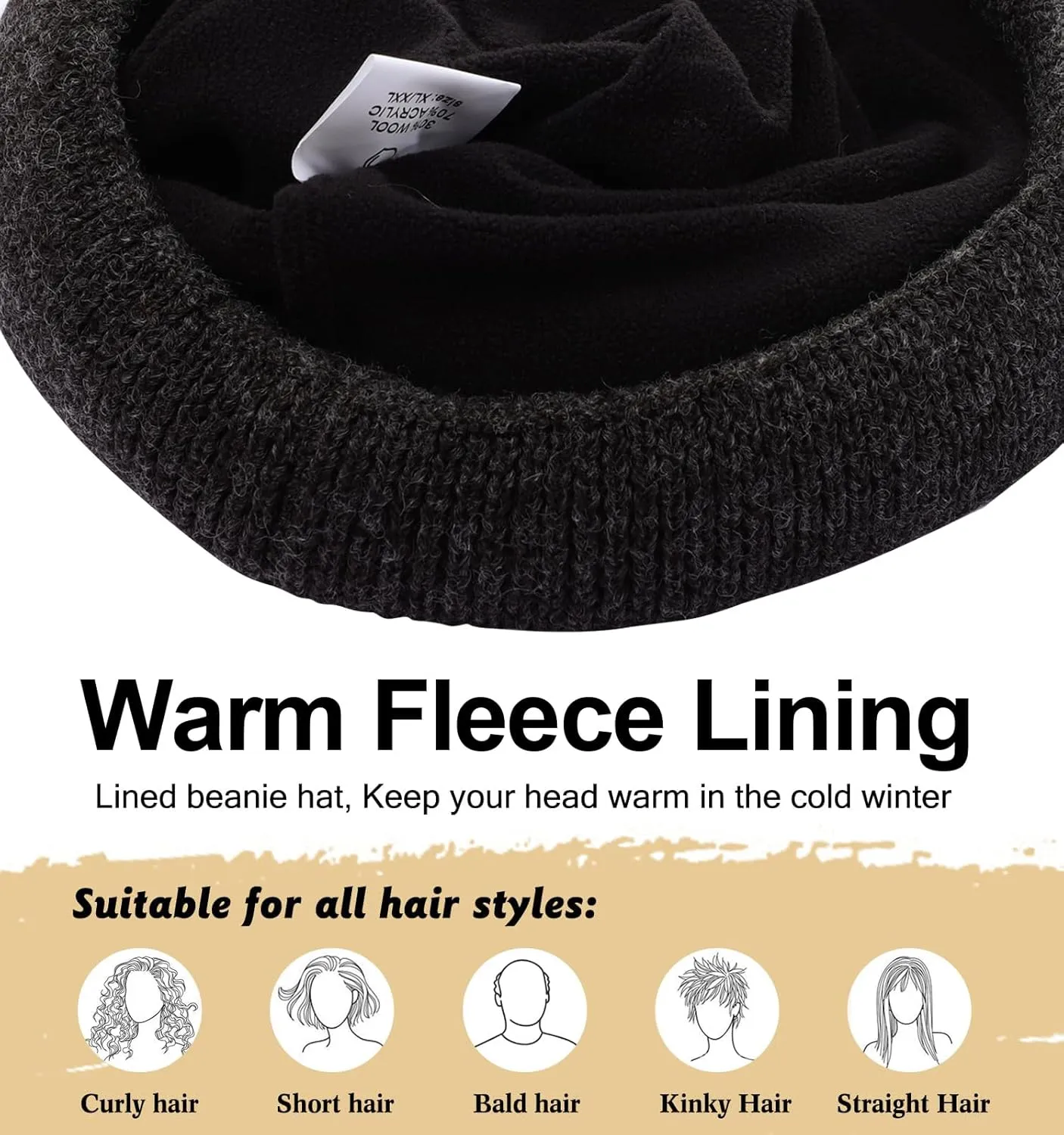 M/L/XL/XXL Waterproof Merino Wool Beanie for Men Women, Warm Fleece Lined Rainproof Windproof Winter Hat for All Weather