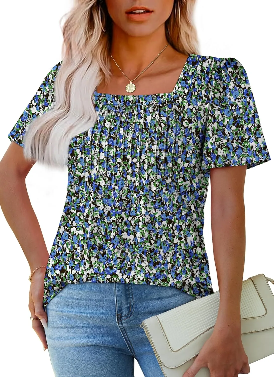 OFEEFAN T Shirts for Women Pleated Square Neck Dressy Casual Blouses Puff Short Sleeve Summer Tops Loose Fit