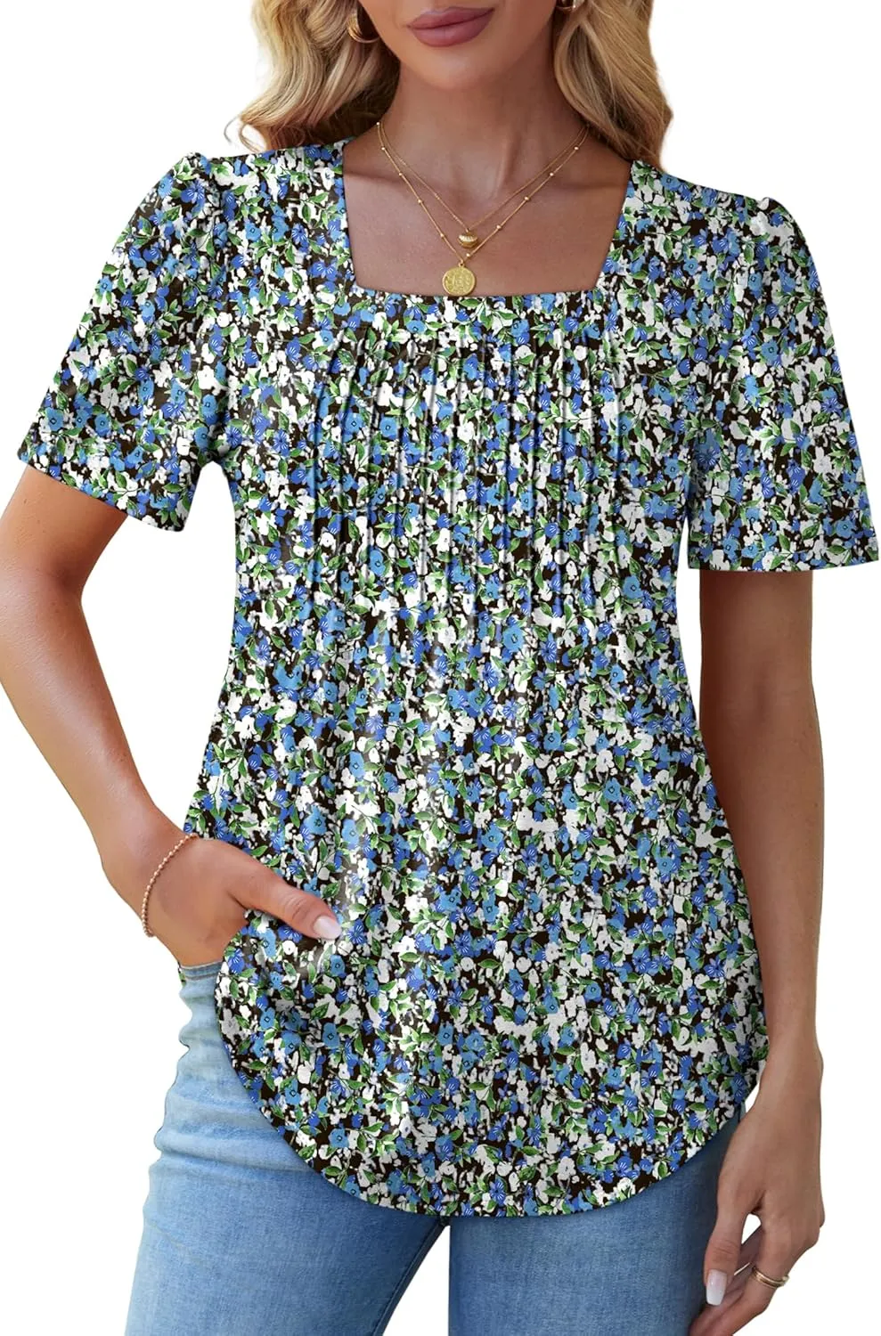 OFEEFAN T Shirts for Women Pleated Square Neck Dressy Casual Blouses Puff Short Sleeve Summer Tops Loose Fit