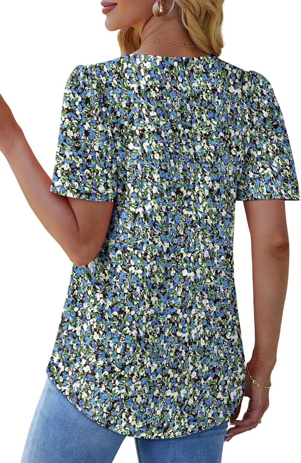 OFEEFAN T Shirts for Women Pleated Square Neck Dressy Casual Blouses Puff Short Sleeve Summer Tops Loose Fit