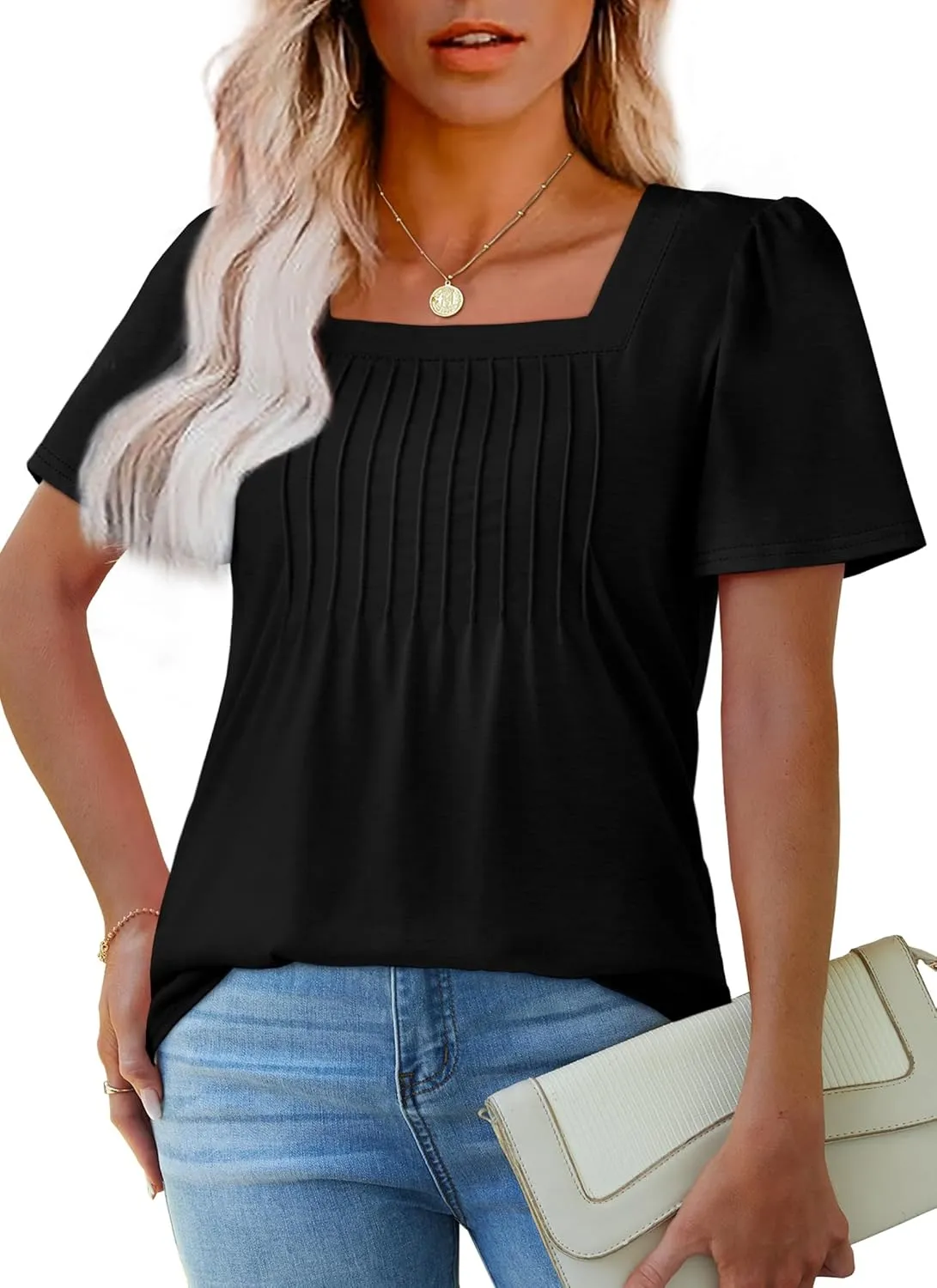 OFEEFAN T Shirts for Women Pleated Square Neck Dressy Casual Blouses Puff Short Sleeve Summer Tops Loose Fit