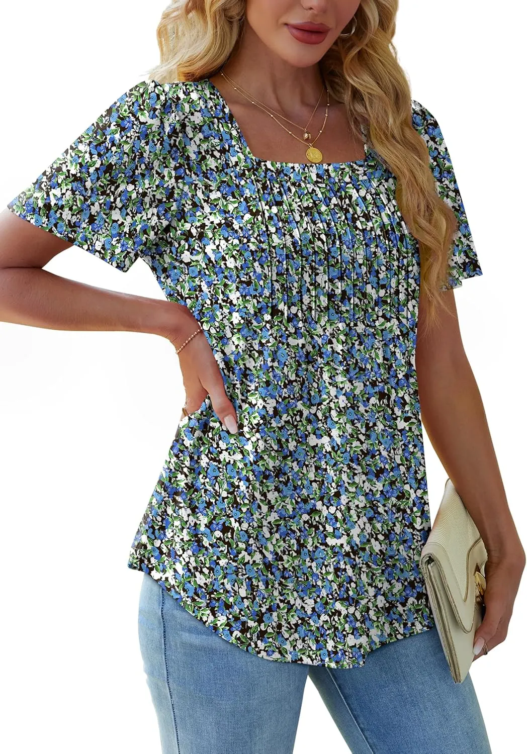 OFEEFAN T Shirts for Women Pleated Square Neck Dressy Casual Blouses Puff Short Sleeve Summer Tops Loose Fit