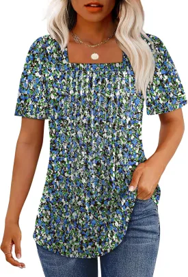 OFEEFAN T Shirts for Women Pleated Square Neck Dressy Casual Blouses Puff Short Sleeve Summer Tops Loose Fit