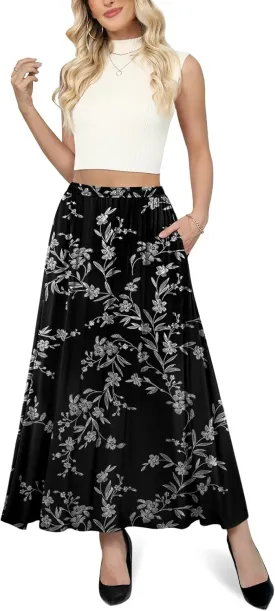 Yincro Womens Maxi Skirt Casual Flowy Elastic High Waist Long Skirts with Pockets